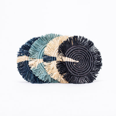 Dash of Blues Fringed Raffia Coasters, Set of 4