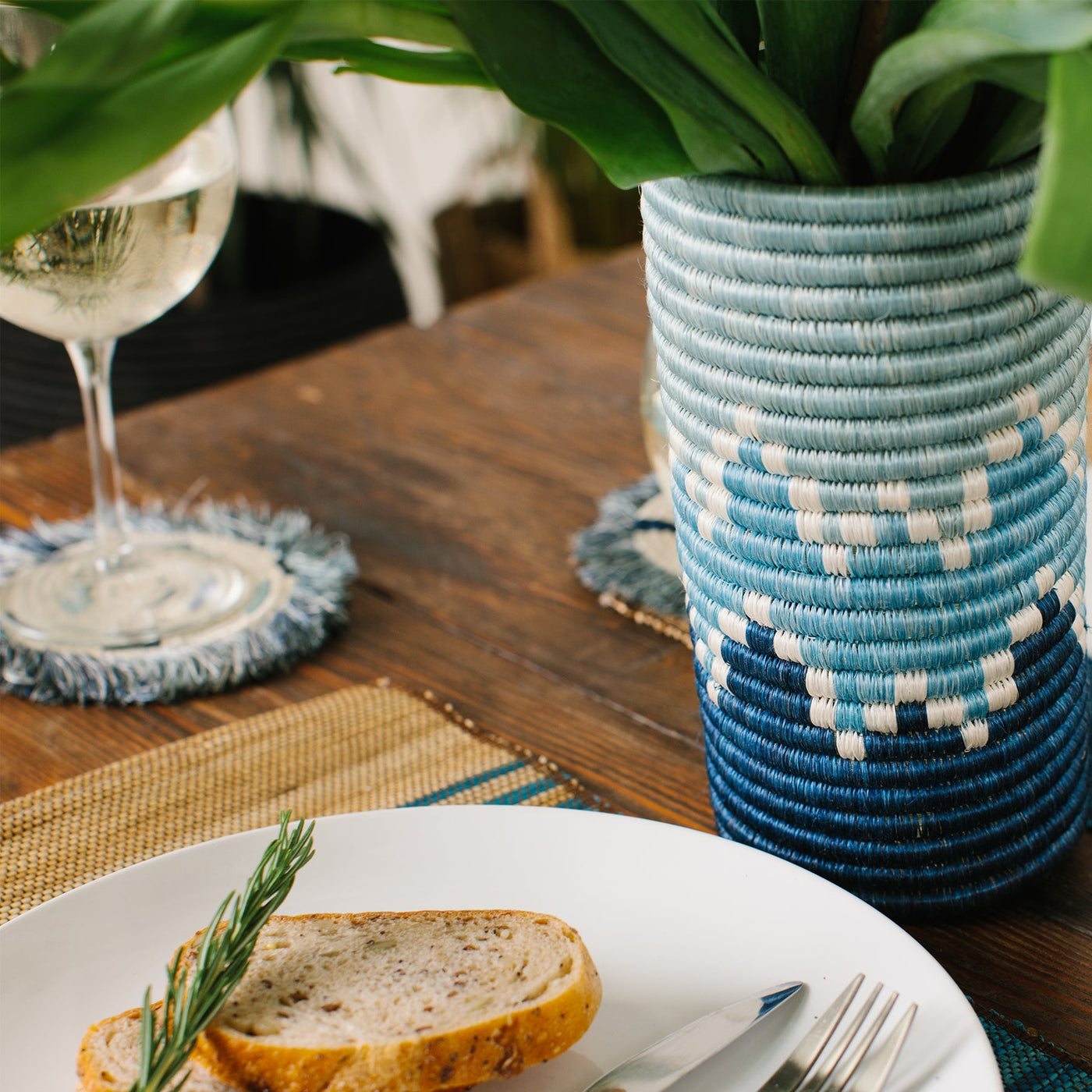 Silver Blue & Black Fringed Coasters, Set of 4