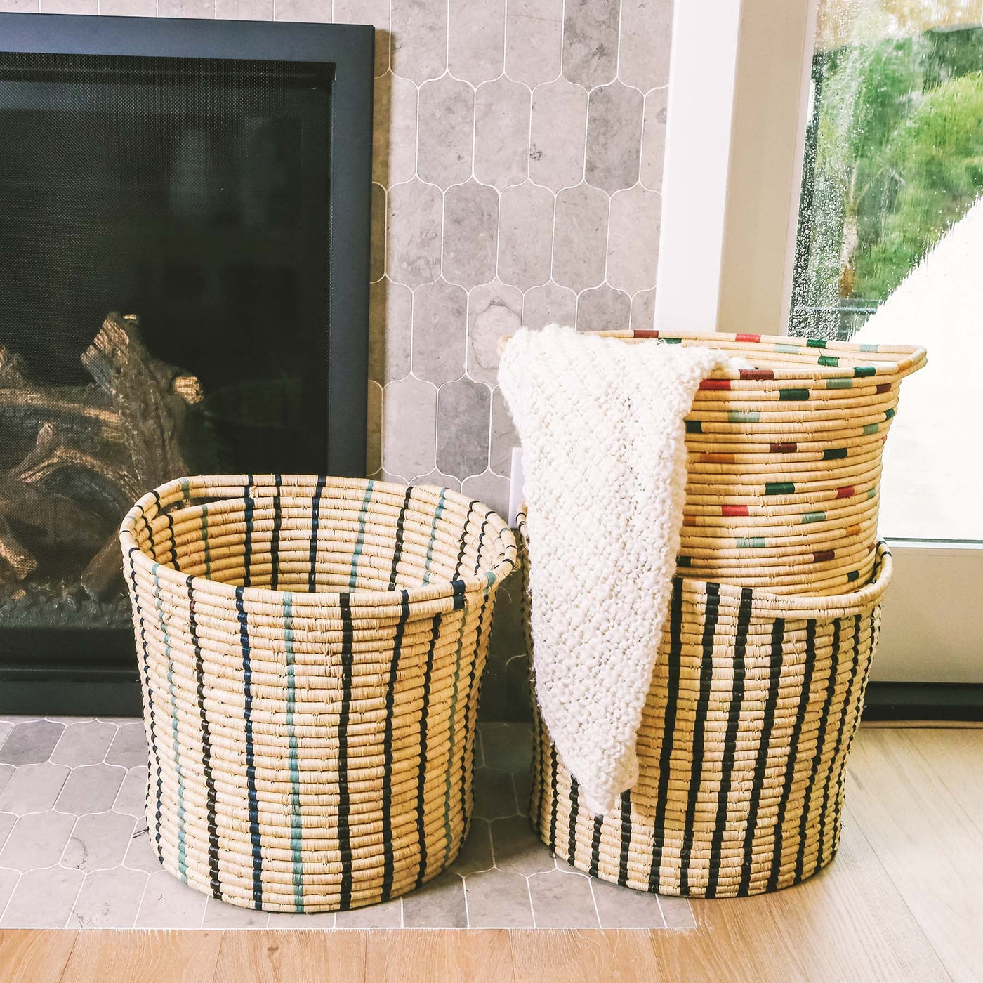 Vivid Dashed Raffia Floor Storage Basket