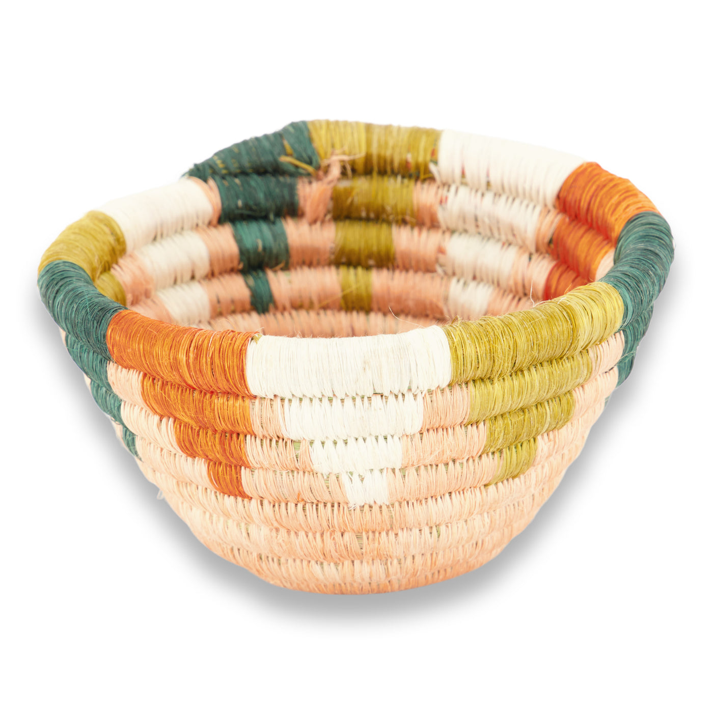 kazi seratonia woven bowl 5" burst pattern peach base with multicolor triangles around rim