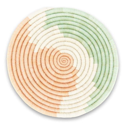 kazi dreamscape woven bowl 10" serenity pattern seafoam green white and peach shoreline
