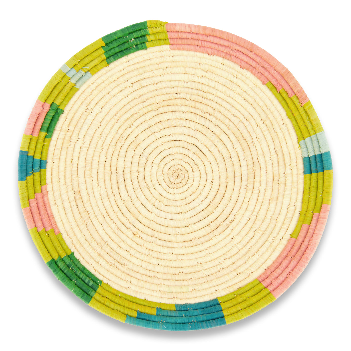 kazi seratonia woven bowl 10" paradisa mostly all natural raffia with a multicolor gentle patterned edge with moss and forest freen and pink