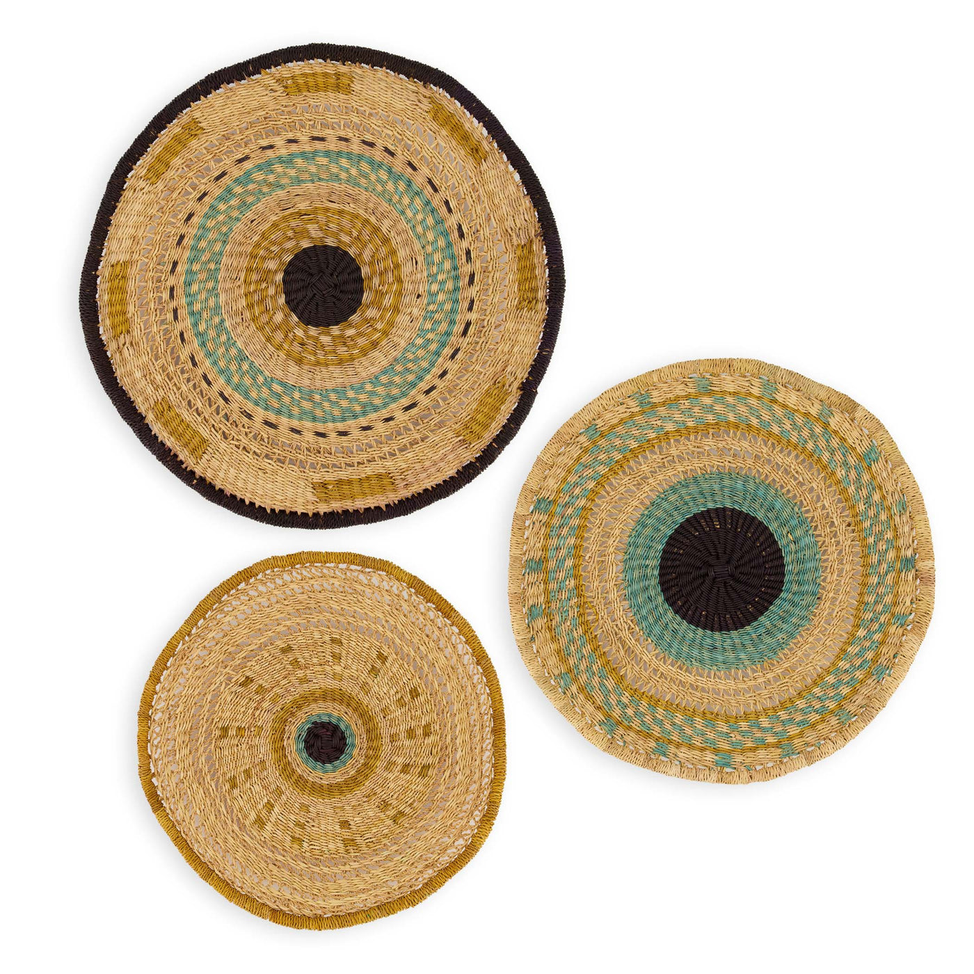 kazi town square wall plate set 16" 14" 12" cobblestone of teal turquoise and natural elephant grass